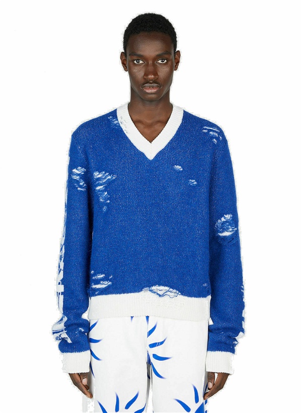 Photo: Liberal Youth Ministry - Escudo Distressed Sweater in Blue