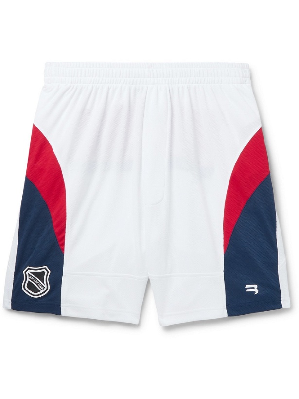 Photo: BALENCIAGA - Wide-Leg Logo-Print Colour-Block Stretch-Mesh Shorts - White