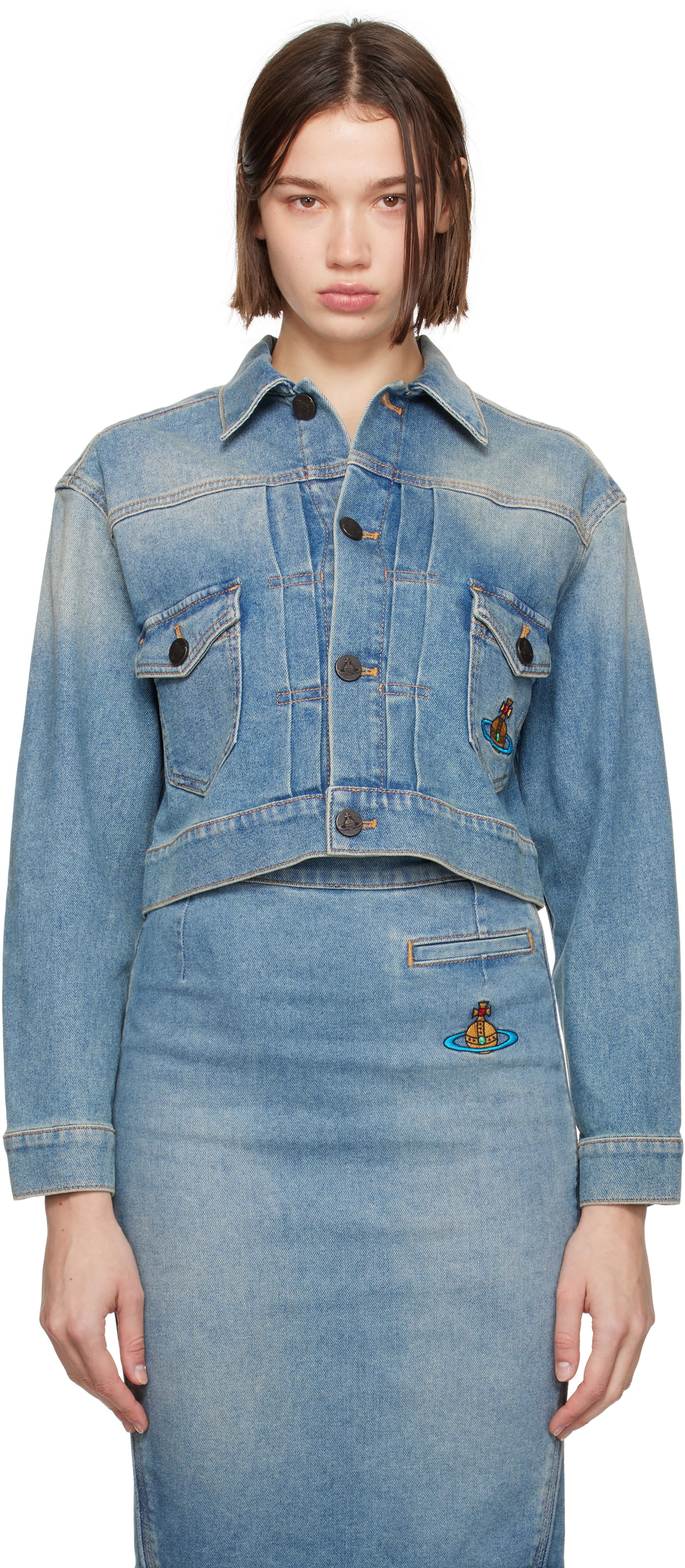 Vivienne Westwood Blue Cropped Marlene Denim Jacket Vivienne
