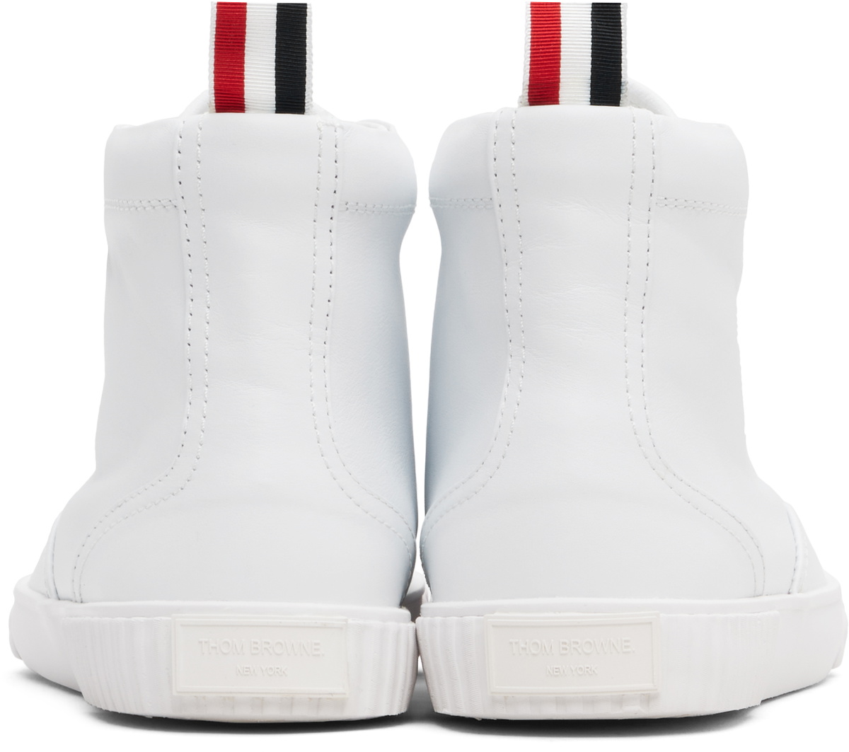 Thom Browne White Vitello Calf Leather High Top Heritage Sneakers