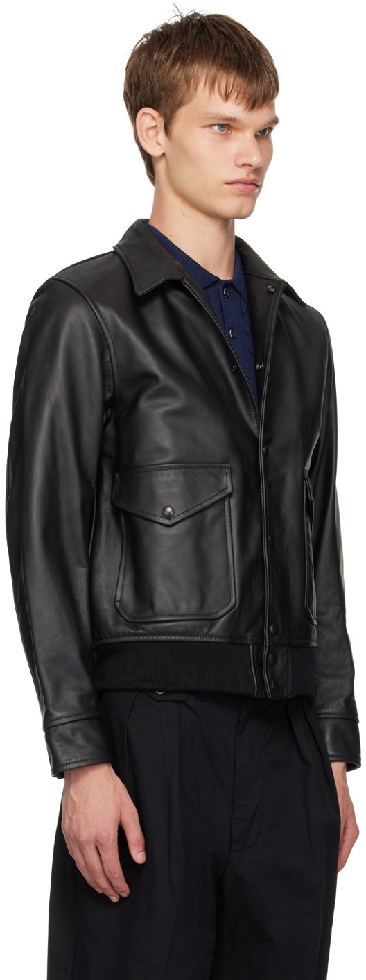 BEAMS PLUS Black Military Leather Bomber Jacket Beams Plus