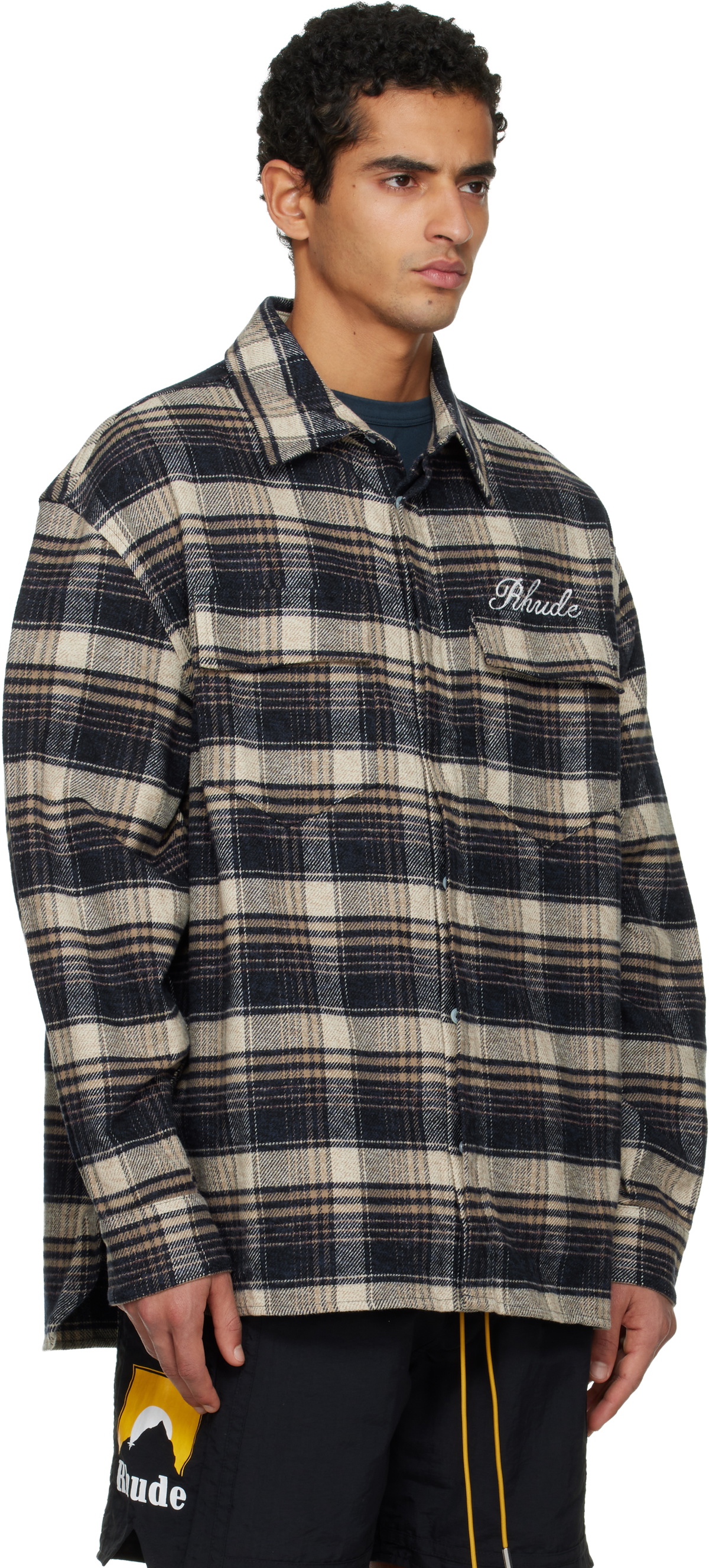 Rhude Navy & Beige 'Rhude' Script Flannel Shirt