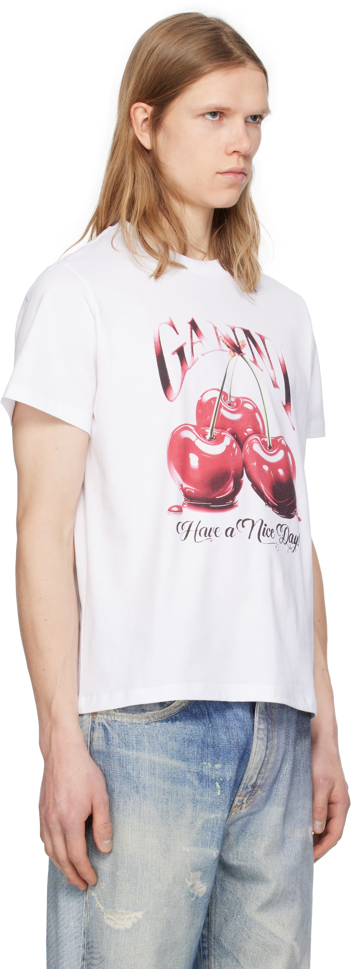 GANNI White Basic Jersey Cherry Relaxed T-shirt