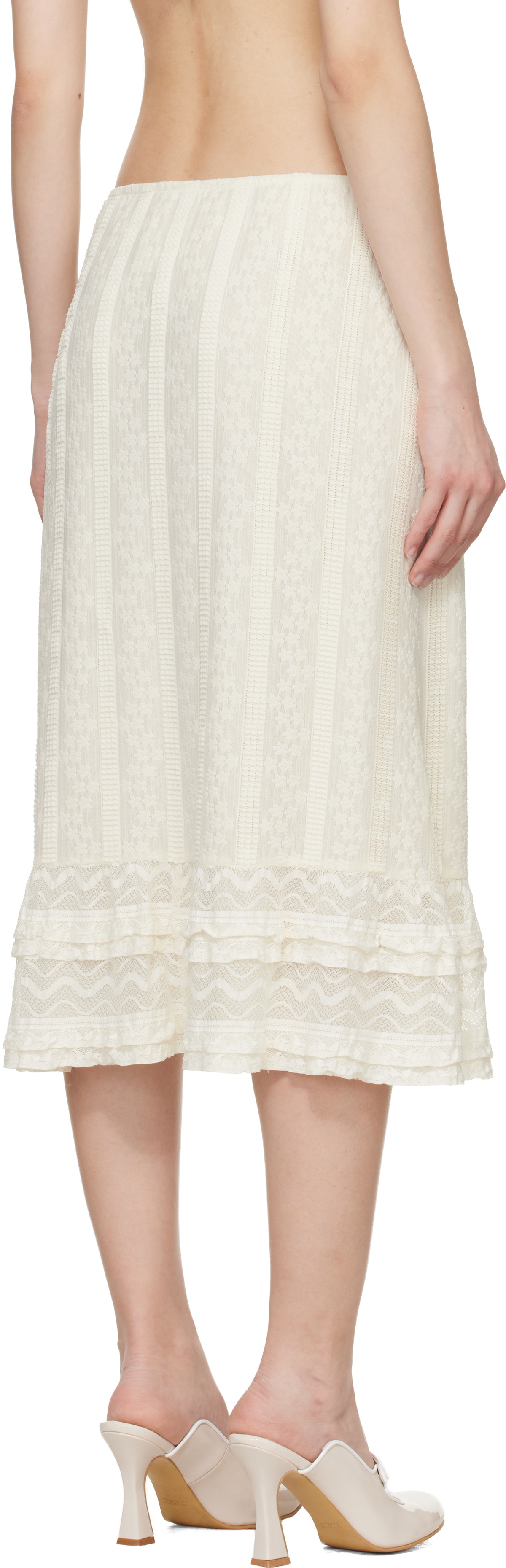 Anna Sui Off-White Floral Ruffle Stretch Lace Midi Skirt