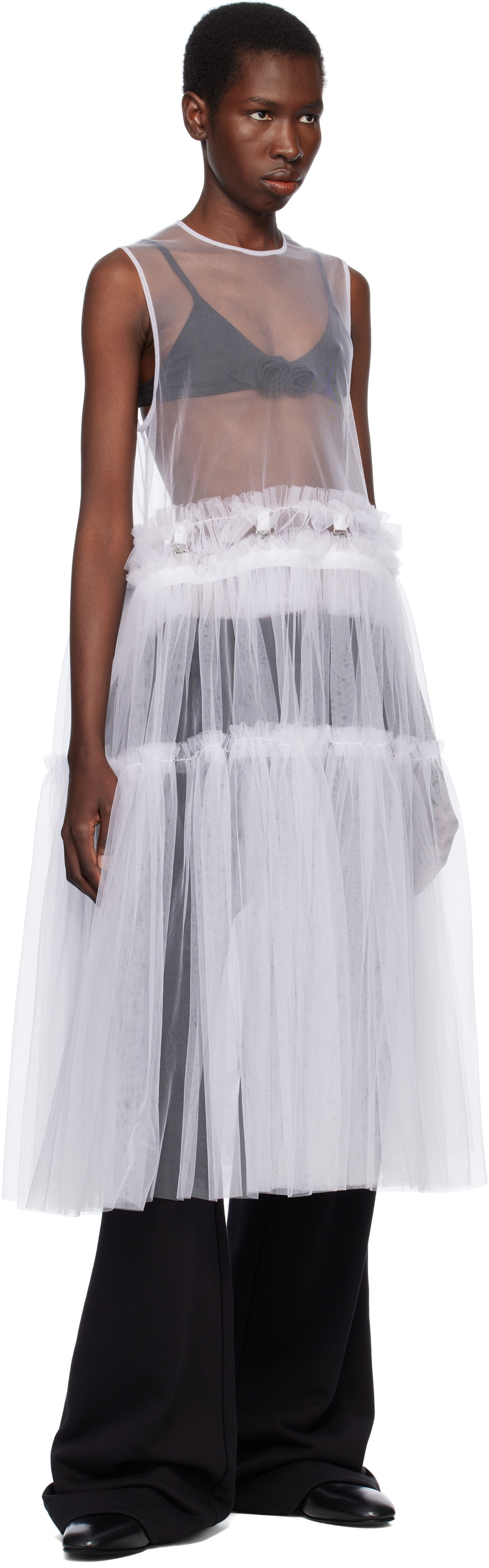 Noir Kei Ninomiya White Nylon Tulle Midi Dress
