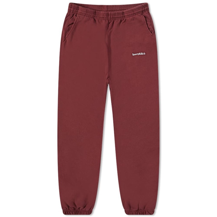 Photo: Sporty & Rich Serif Logo Sweat Pant in Merlot/White