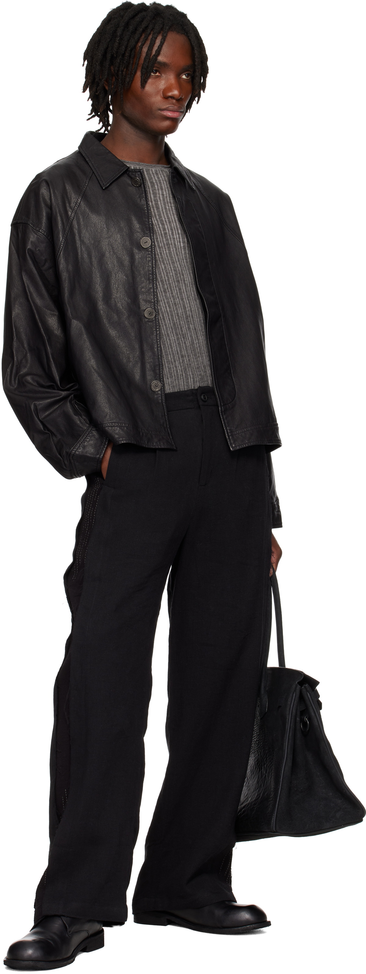 Professor.E Black E Cropped Washed Leather Jacket