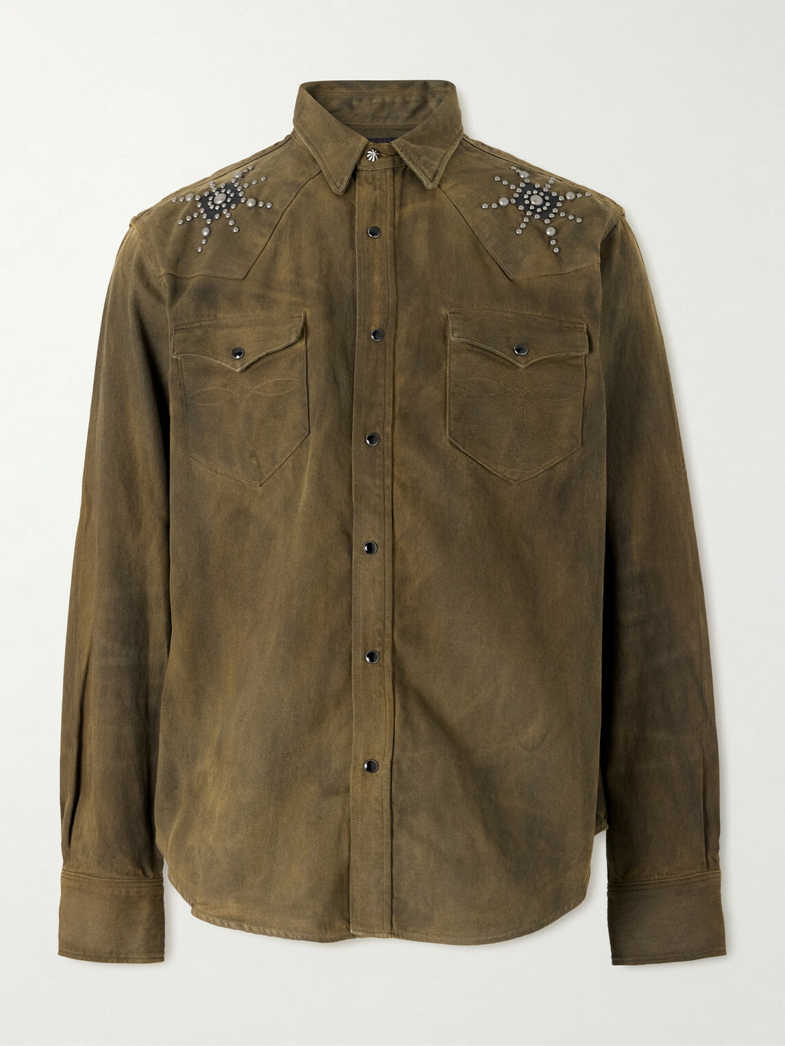 RRL - Buffalo West Studded Leather-Trimmed Denim Shirt - Brown