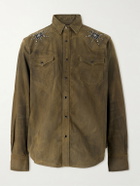 RRL - Buffalo West Studded Leather-Trimmed Denim Shirt - Brown