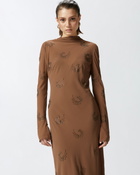 Pinko Long High Neck Dress With Rhinestone Swirls Brown Pine Cone