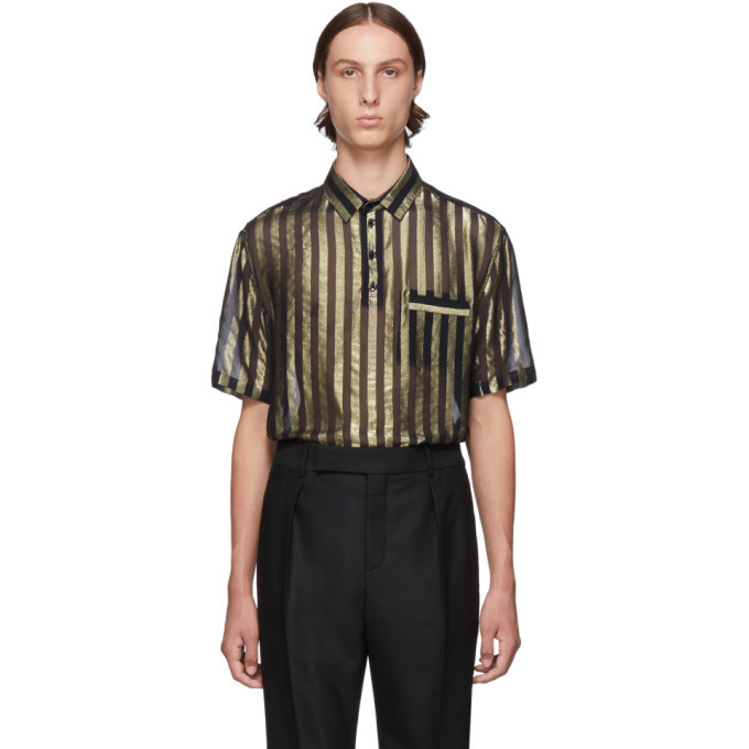 Saint Laurent Black and Gold Silk Lame Stripes Polo Shirt Saint