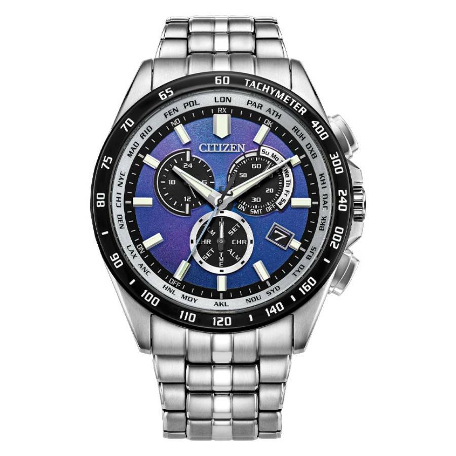 Citizen PCAT Perpetual Alarm World Time Chronograph GMT Blue Dial Mens Watch CB5874-81L