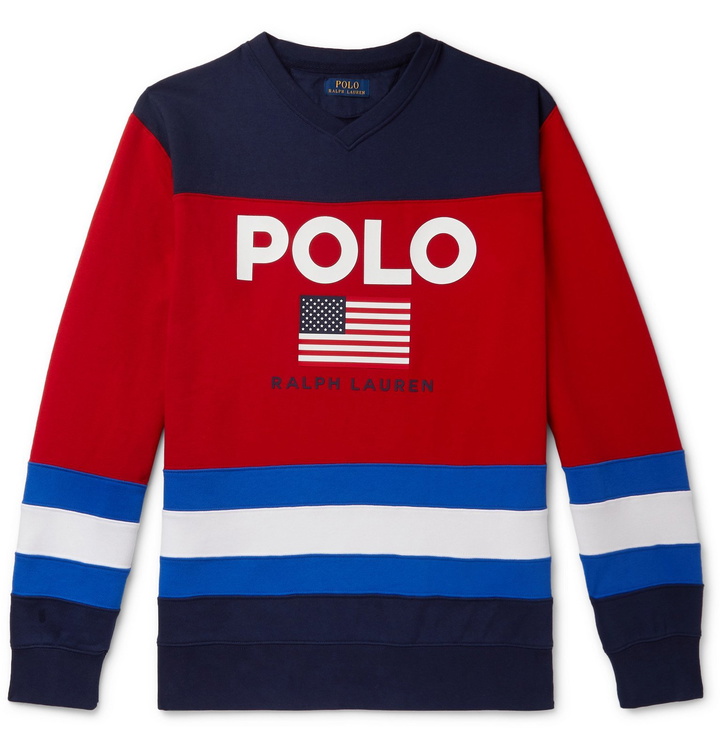 Photo: Polo Ralph Lauren - Logo-Print Colour-Block Fleece-Back Cotton-Blend Jersey Sweatshirt - Red