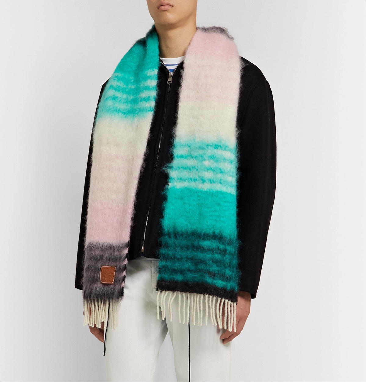 Loewe - Logo-Appliquéd Fringed Striped Mohair-Blend Scarf - Green