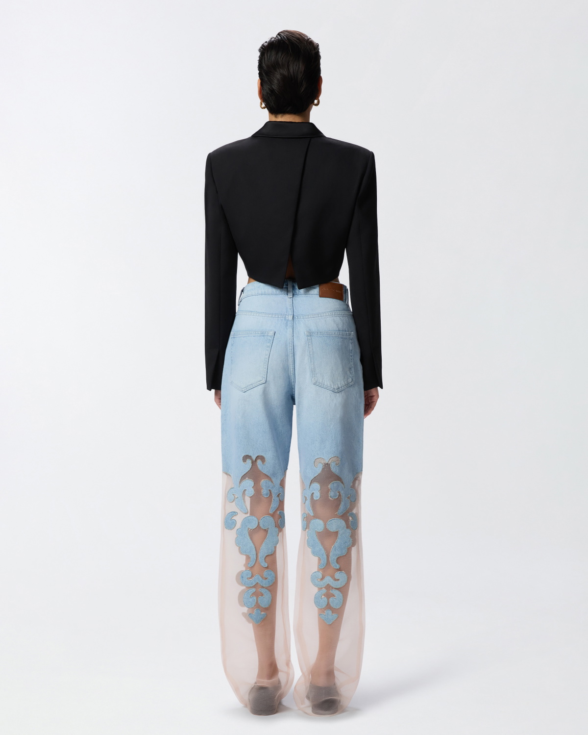 Pinko Wide Leg Jeans With Sheer Organza Light Vintage Wash