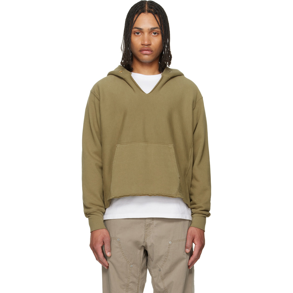 Les Tien Khaki Heavyweight Raw Cropped Hoodie