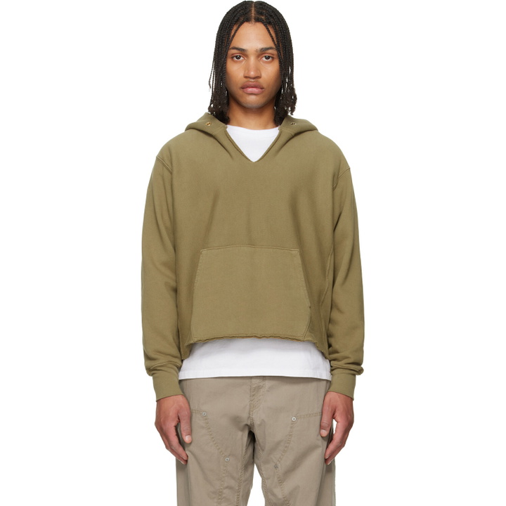 Photo: Les Tien Khaki Heavyweight Raw Cropped Hoodie