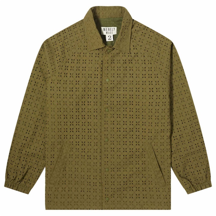 Photo: Merely Made Men's Floral Cutwork Coach Jacket in Olive Khaki