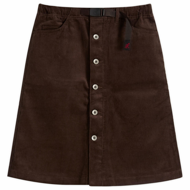 Photo: Gramicci Women's Button Down Midi Skirt in Deep Brown