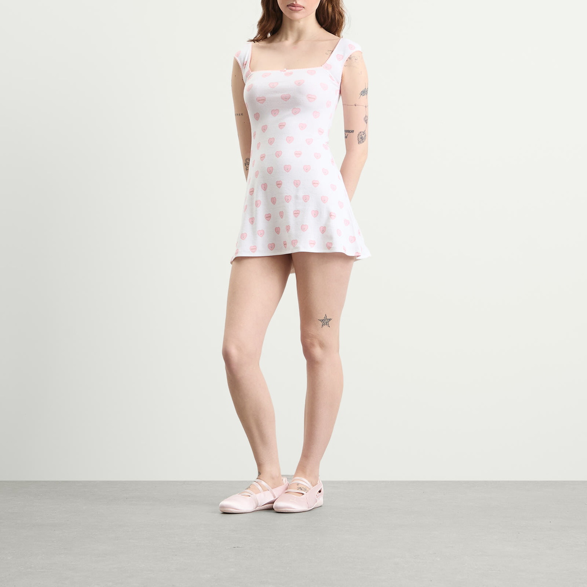 SKIMS Women's Pointelle Cap Sleeve Mini Dress in Snow Lace Hearts