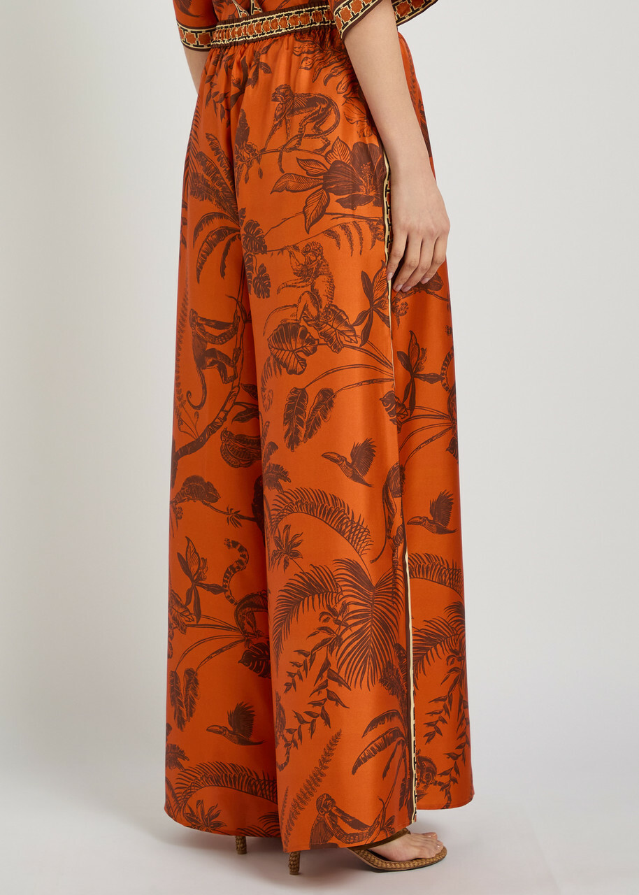 Alemais Monkey Dance Printed Wide-leg Silk Trousers Rust