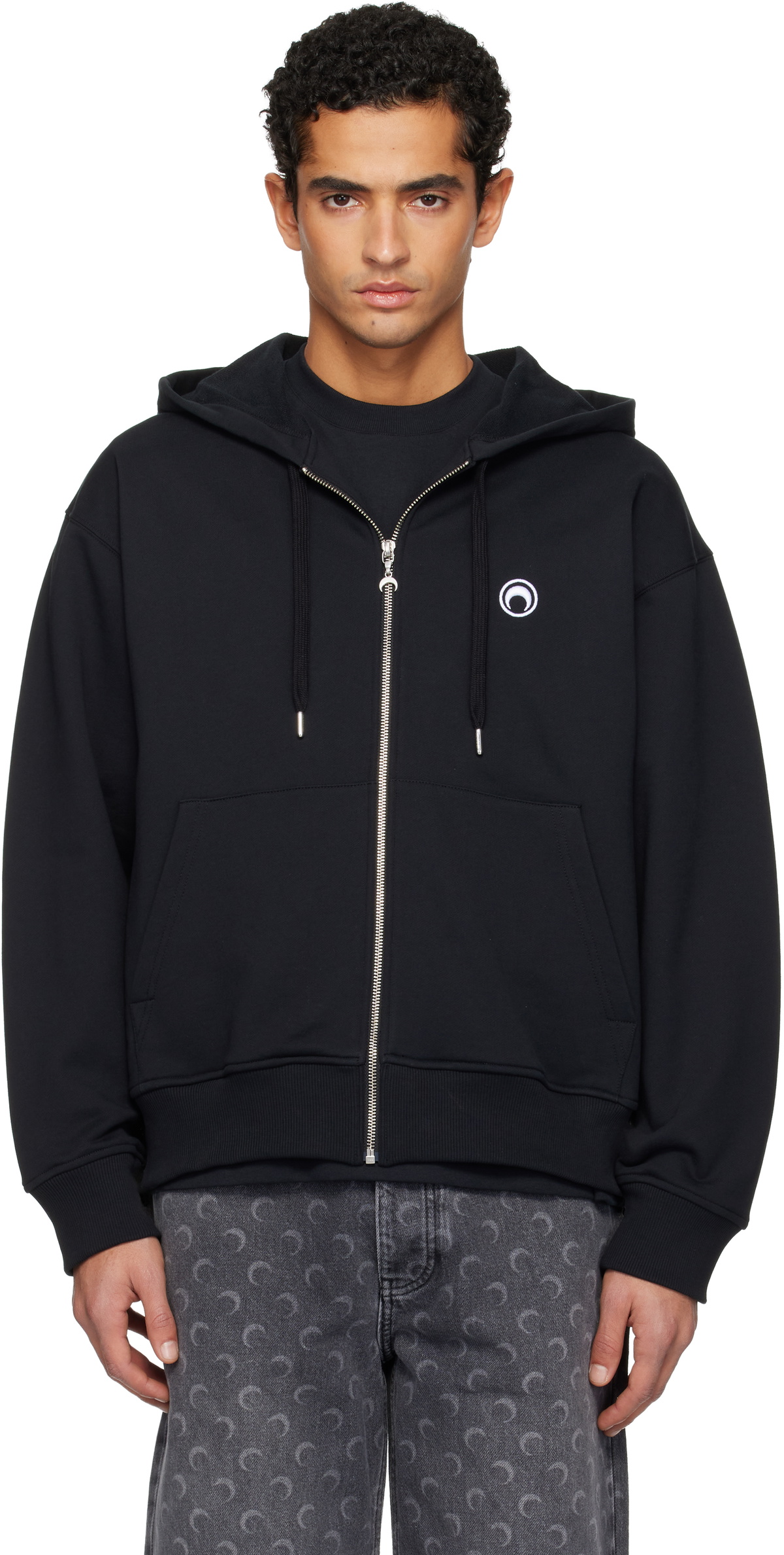 Marine Serre Black Moon Logo Zipped Hoodie
