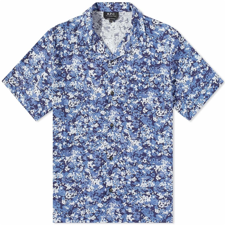 Photo: A.P.C. Men's Lloyd Floral Camo Short Sleeve Shirt in Blue