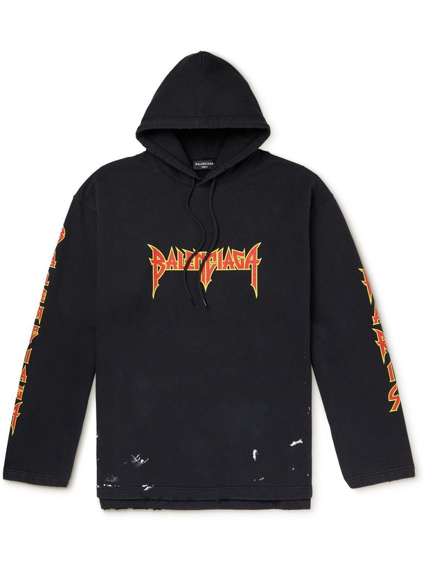 Photo: Balenciaga - Logo-Print Distressed Cotton-Jersey Hoodie - Black