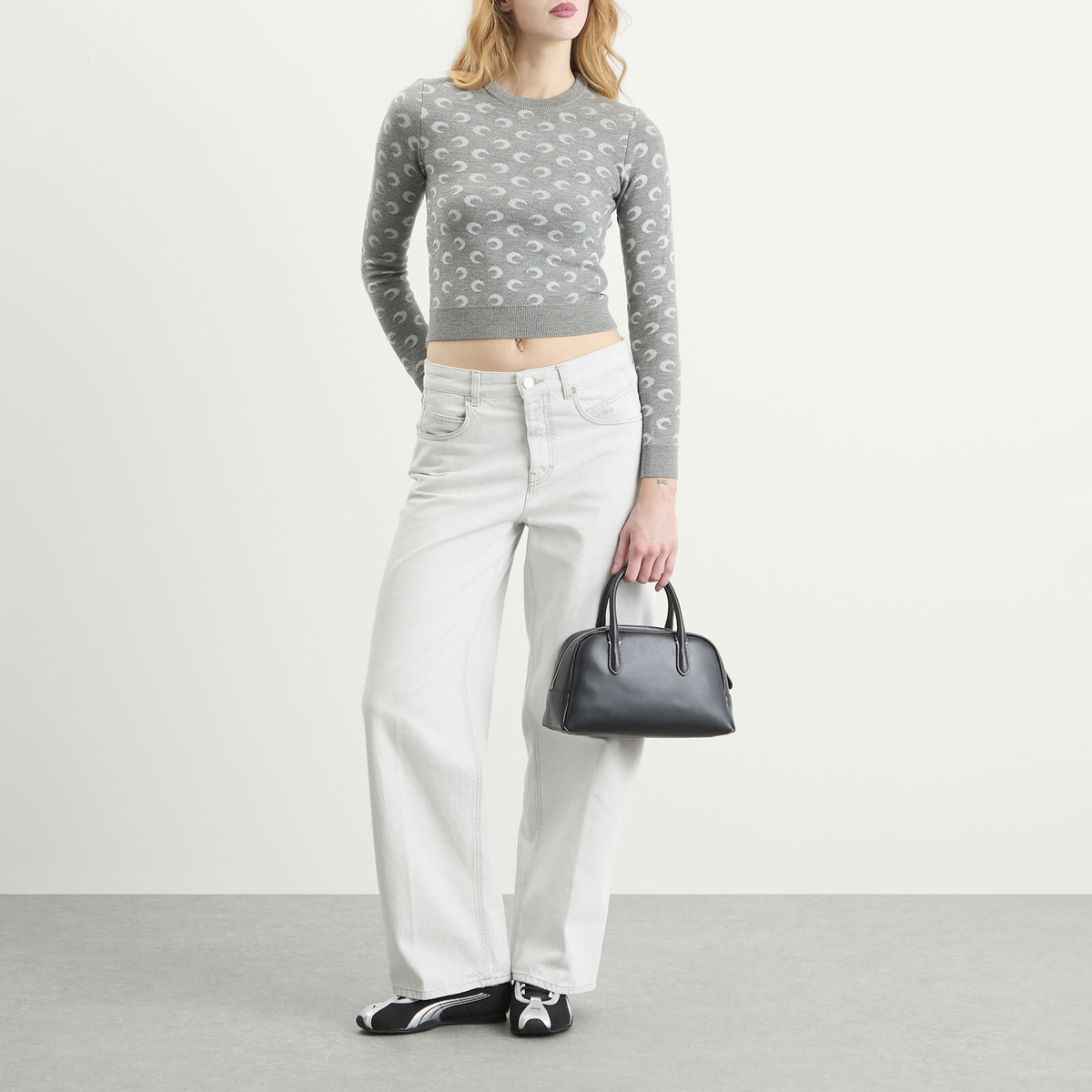 Marine Serre Women's Moon Jacquard Knit Fitted Crewneck Sweater in Misty Grey