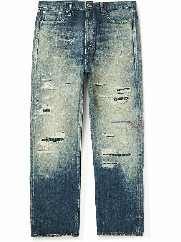 Photo: Neighborhood - Savage Straight-Leg Embroidered Distressed Jeans - Blue