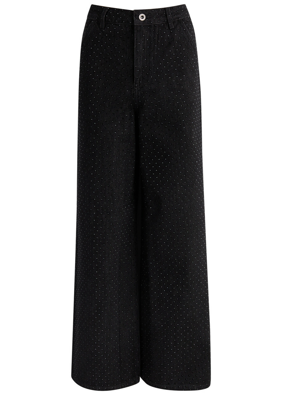 Self-portrait Crystal-embellished Wide-leg Jeans Black