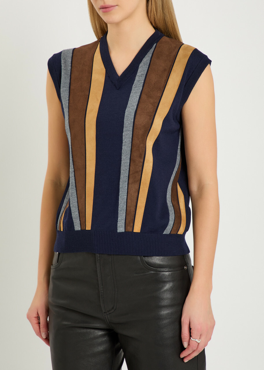 Versace Patchwork Fine-knit Wool and Suede Vest Navy