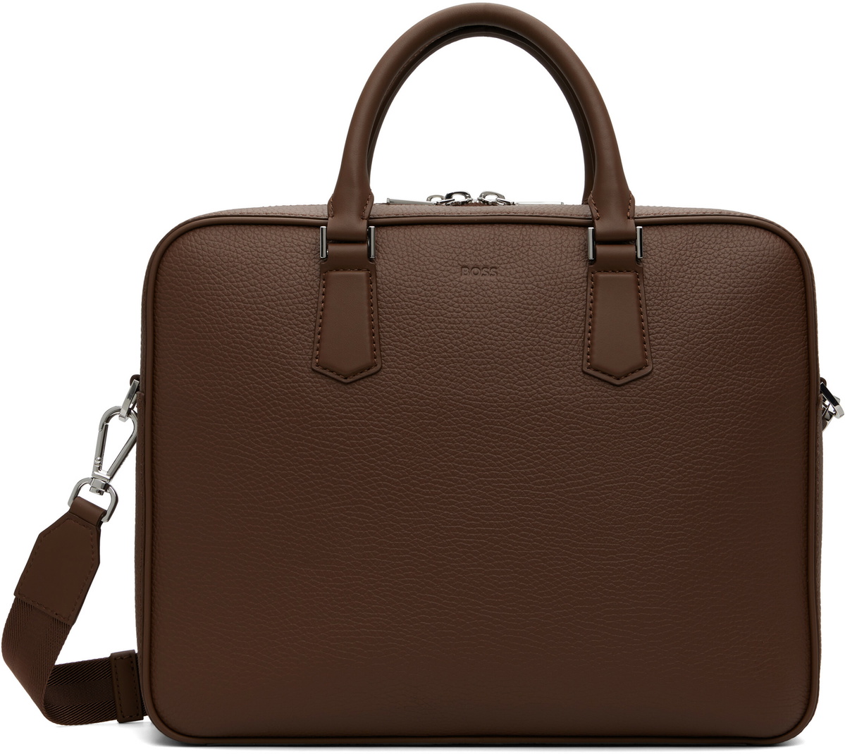 BOSS Brown Grained Leather Briefcase