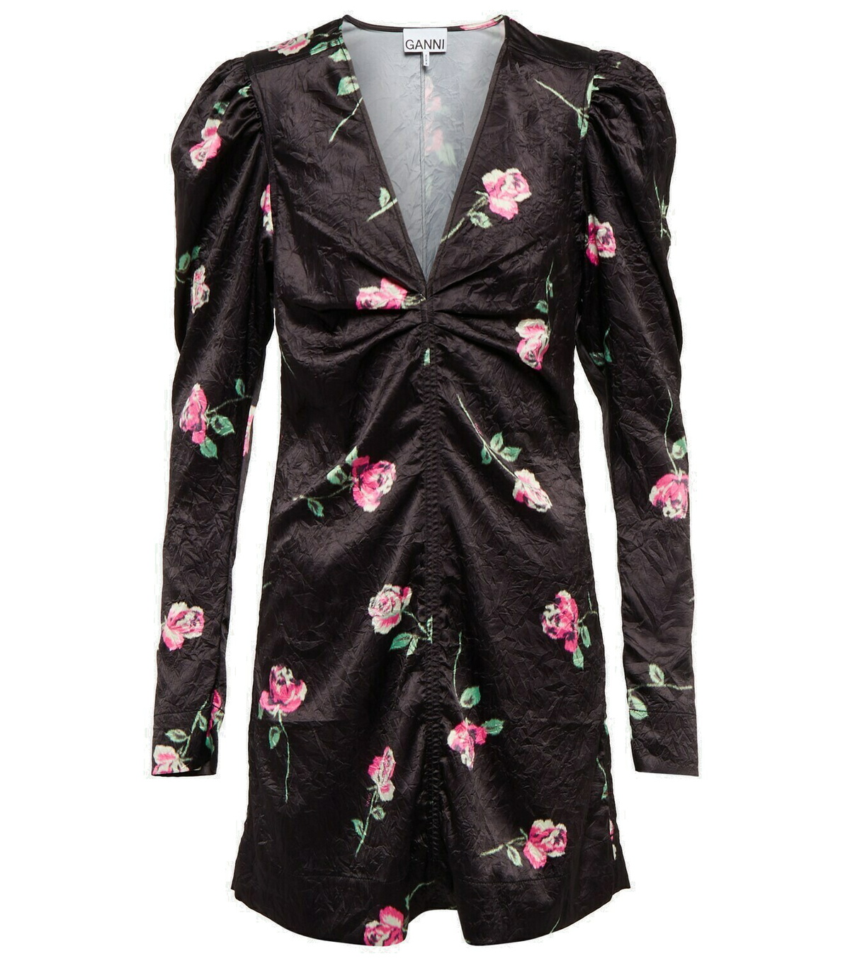 Ganni Women's Gathered Satin Dress Green