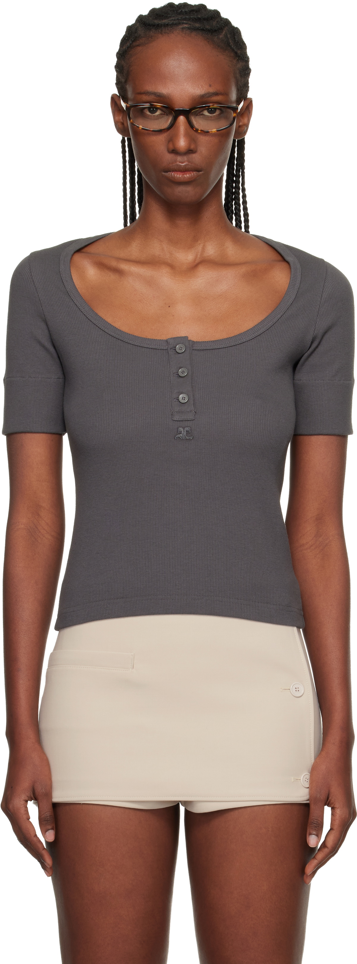 Courrèges Gray Buttoned 90's Rib T-shirt
