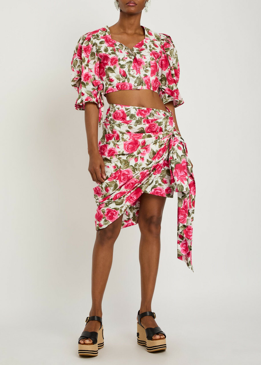 Chloe Floral-print Cotton-poplin Knee-length Wrap Skirt Pink
