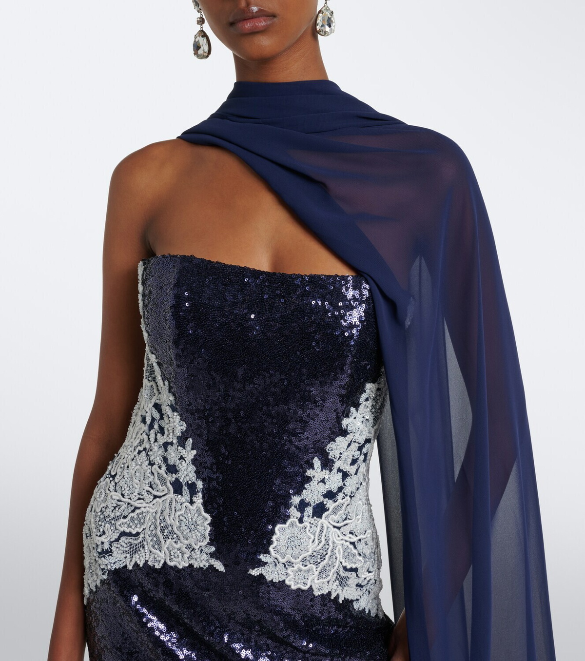 Costarellos Scarf-detail sequined bustier gown