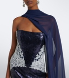 Costarellos Scarf-detail sequined bustier gown
