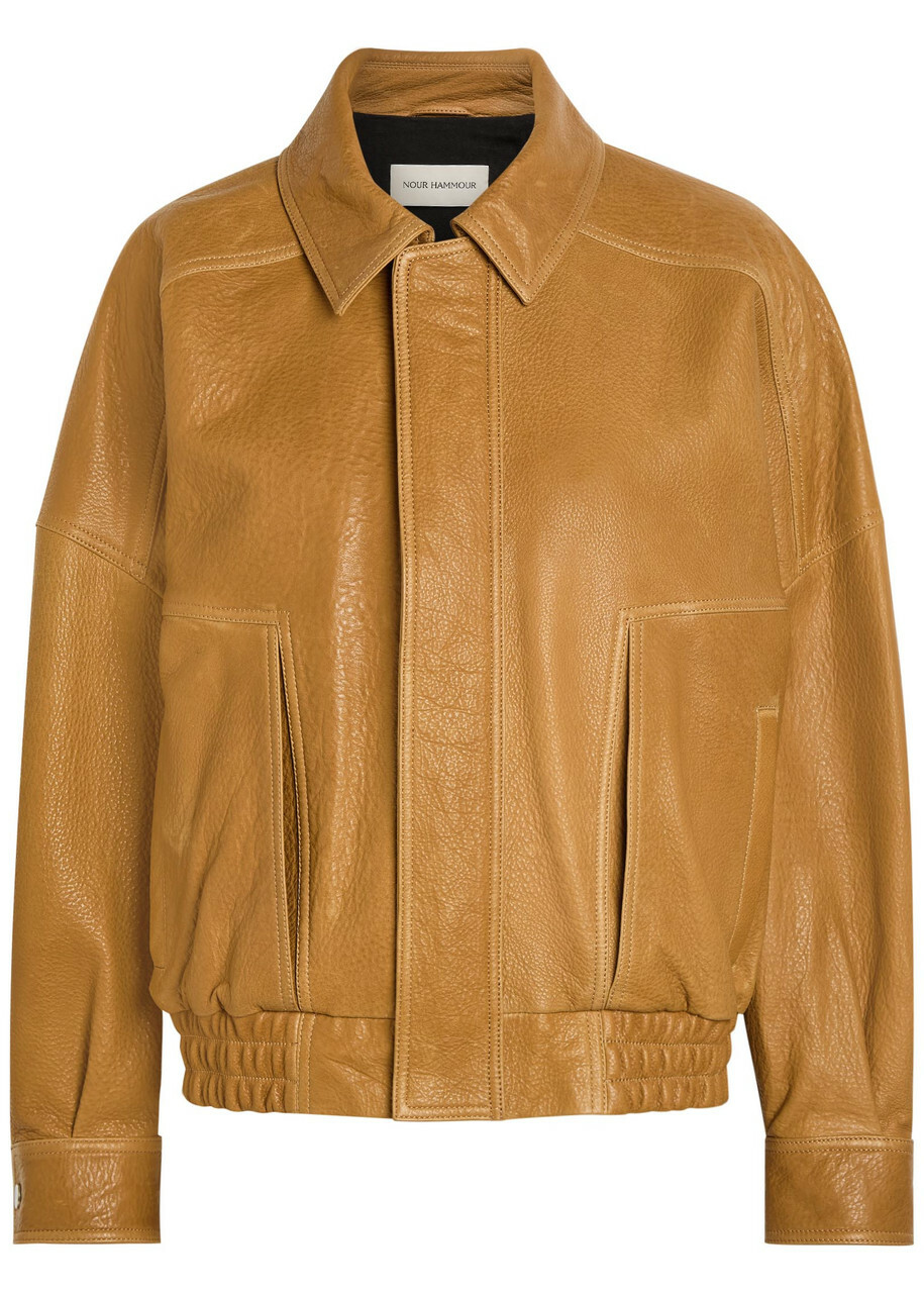 Nour Hammour Dalma Grained Leather Jacket Light Brown