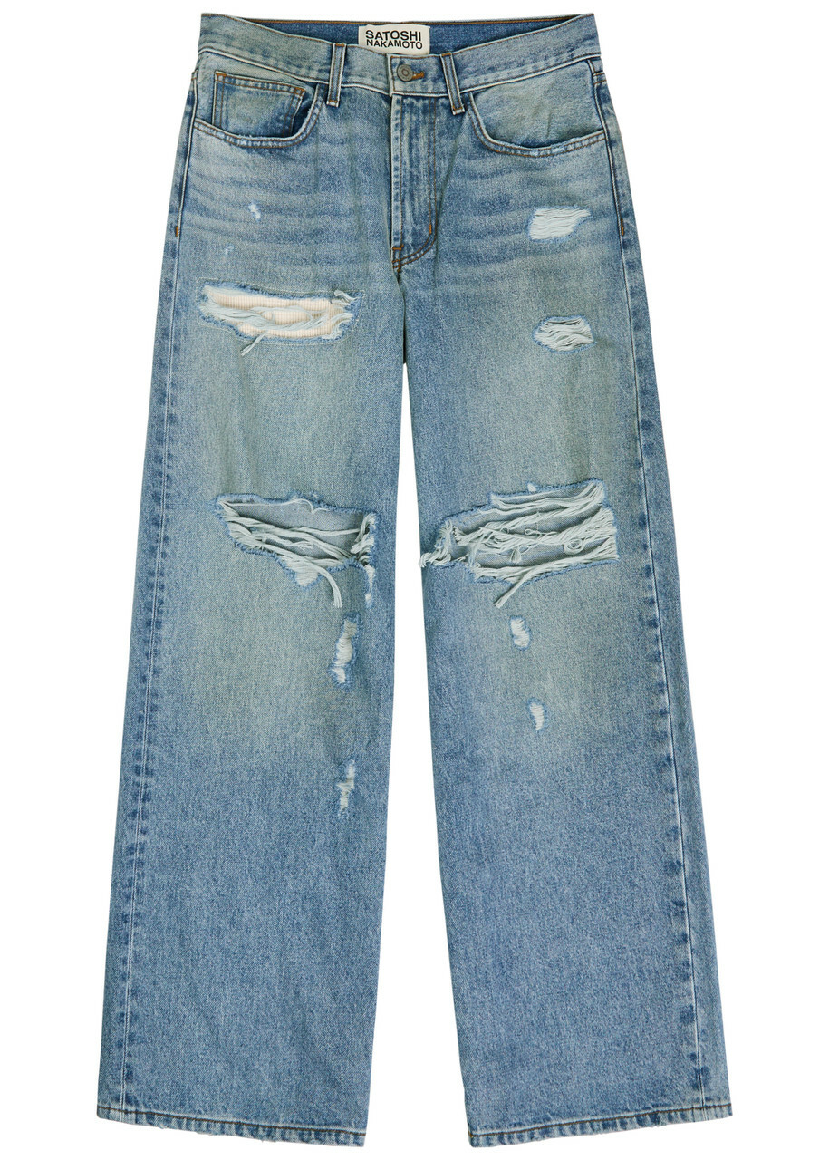 Satoshi Nakamoto Blessed To Be Stressed Distressed Wide-leg Jeans Blue