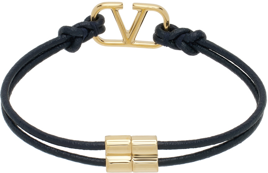 Valentino Garavani Navy Leather VLogo Signature Bracelet