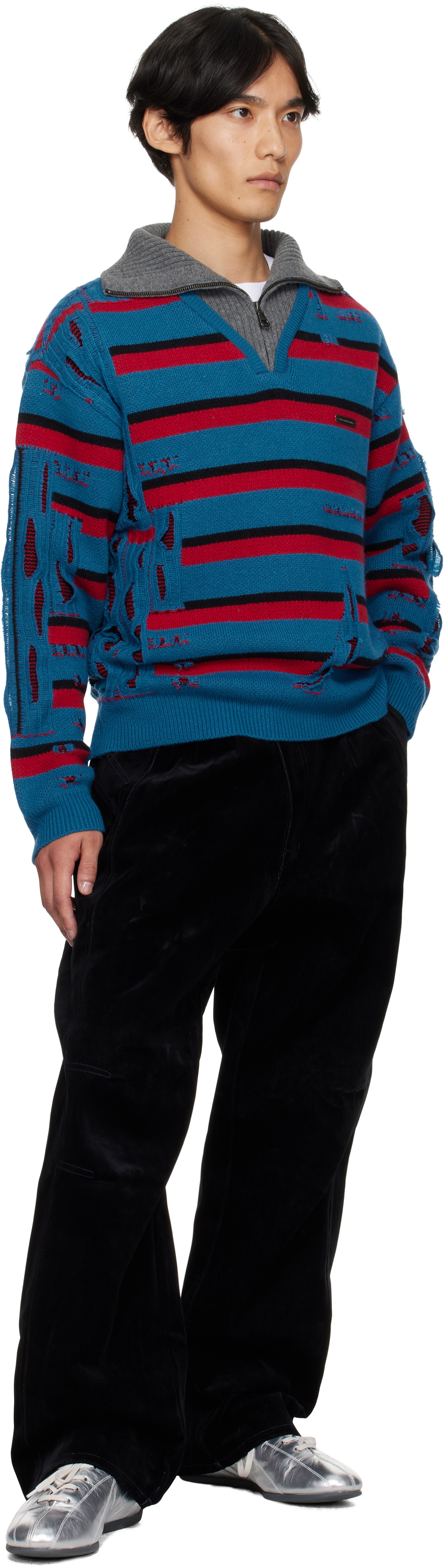 Andersson Bell Blue & Red Stripe Jacquard Half Zip Sweater
