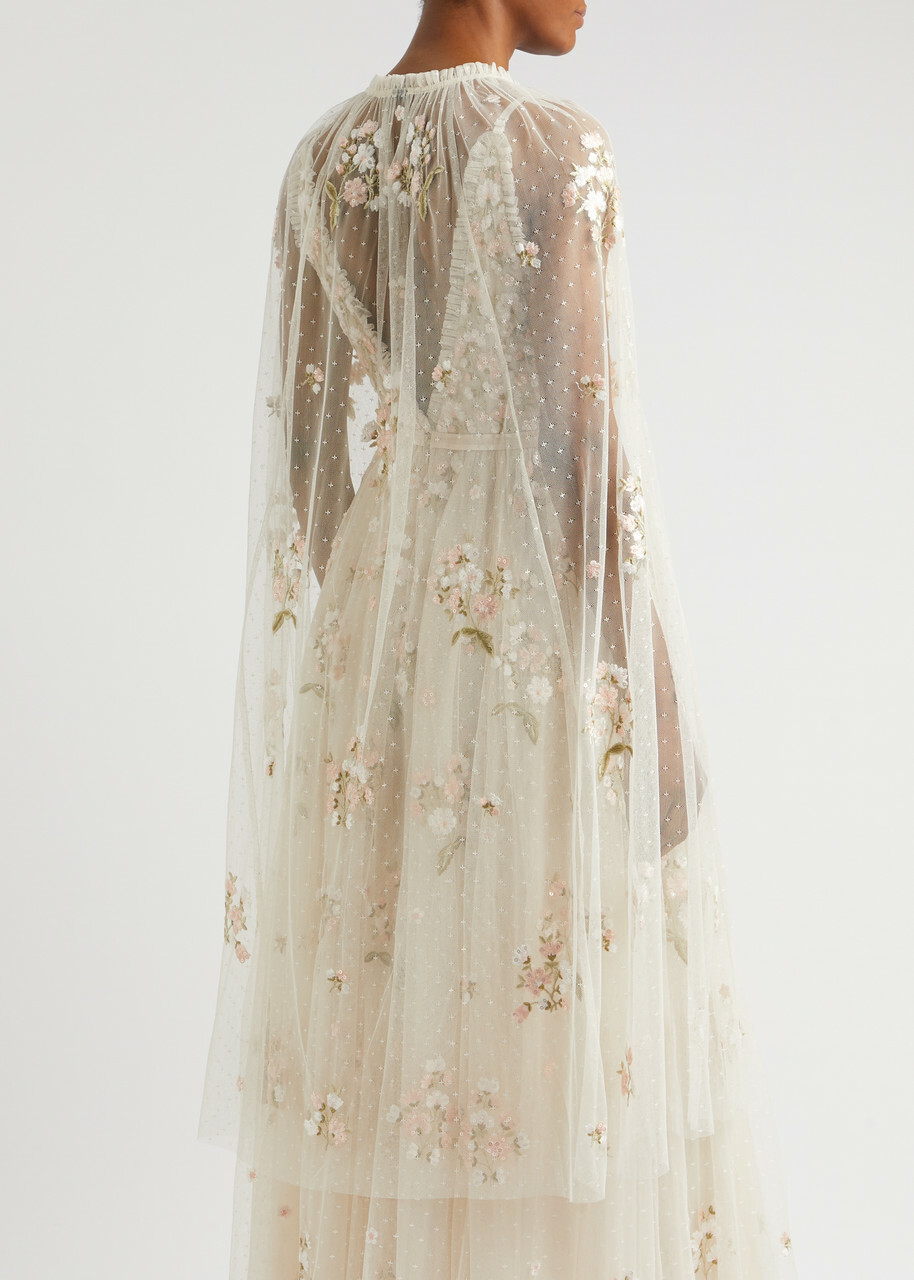 Needle & Thread Posy Floral-embroidered Tulle Cape Cream