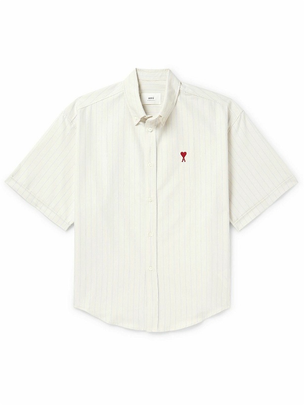 Photo: AMI PARIS - Button-Down Collar Logo-Embroidered Striped Cotton Shirt - Neutrals