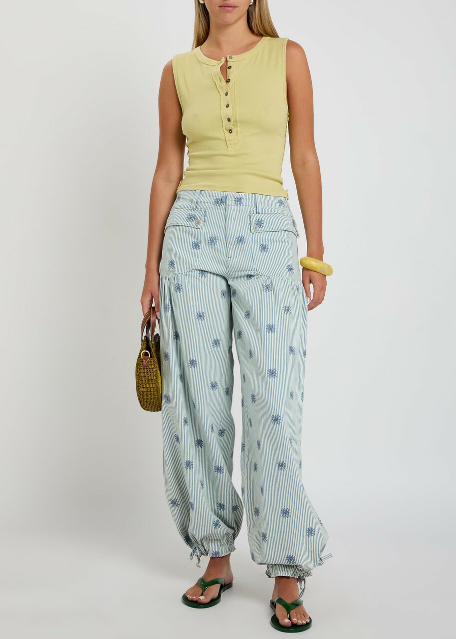 Free People Lotus Striped Embroidered Balloon-leg Jeans Blue