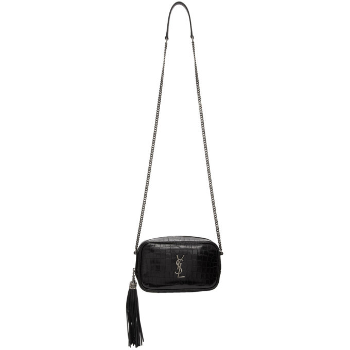 SAINT LAURENT Lou Croc-Embossed Camera Bag in Black Leather