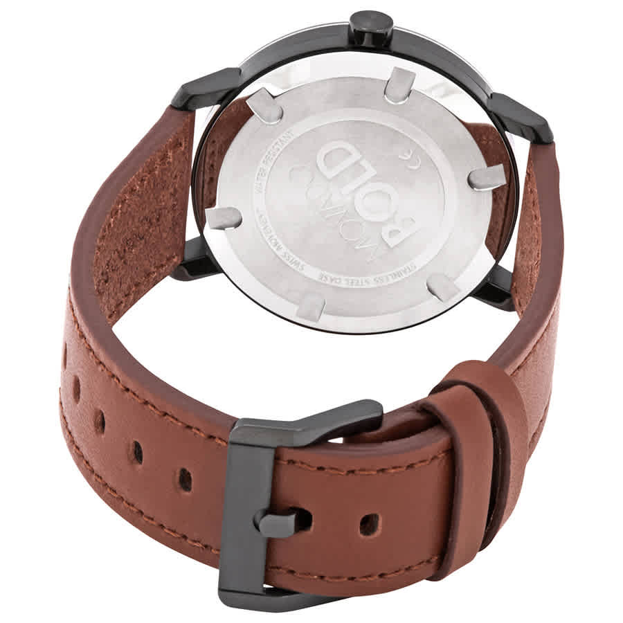 Movado Bold Black Sunray Dial Cognac Leather Mens Watch 3600537