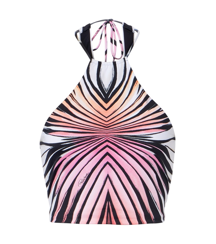 Photo: Roberto Cavalli Printed halterneck mesh crop top