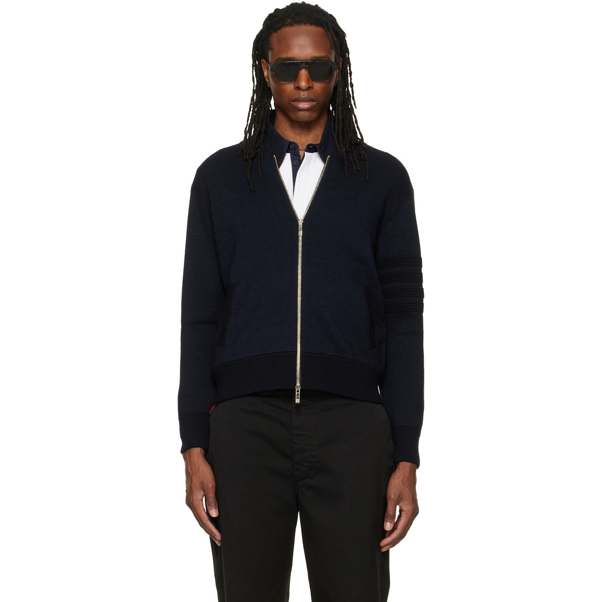 Thom Browne Navy Ottoman Milano Stitch 4-Bar Bomber Jacket