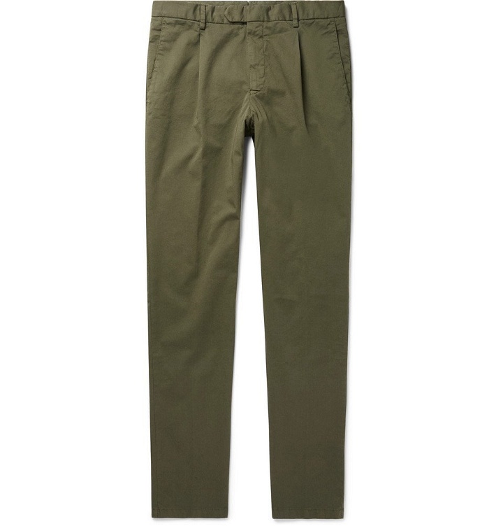 Photo: Beams F - Slim-Fit Tapered Pleated Stretch-Cotton Twill Trousers - Men - Green